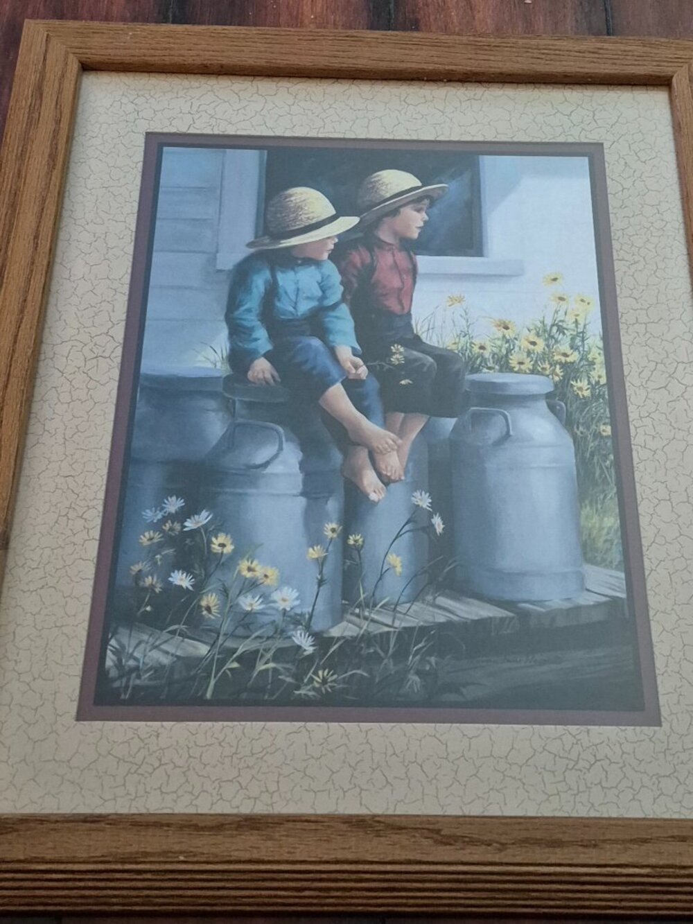 HOMCO Home Interiors & Gifts Wood Framed Picture Print Country Amish Boys GC